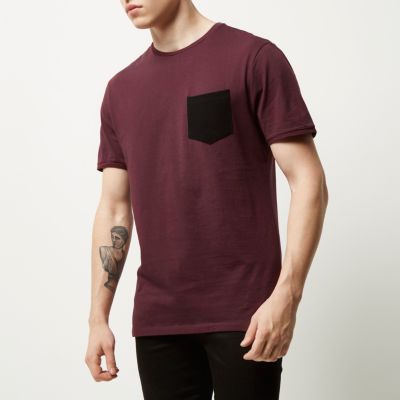Dark red textured chest pocket t-shirt